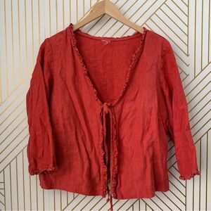 100% linen tie front ruffle hem cardigan Lagenlook boho bohemian lagen look L